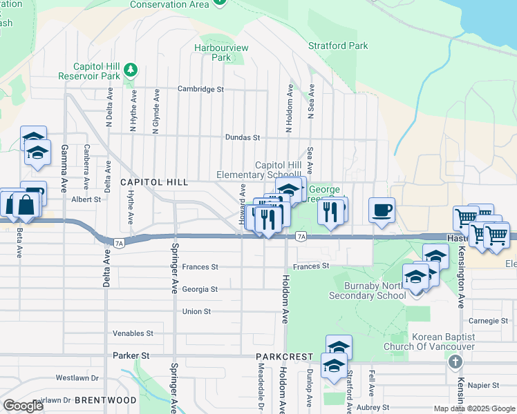 map of restaurants, bars, coffee shops, grocery stores, and more near 317 Ellesmere Avenue in Burnaby