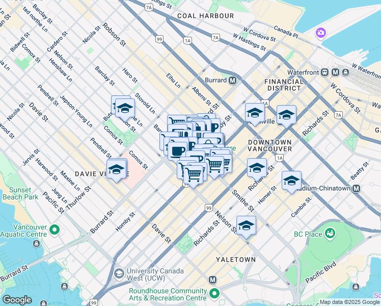 map of restaurants, bars, coffee shops, grocery stores, and more near 905 Hornby Street in Vancouver