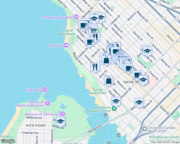 map of restaurants, bars, coffee shops, grocery stores, and more near 1403 Broughton Street in Vancouver
