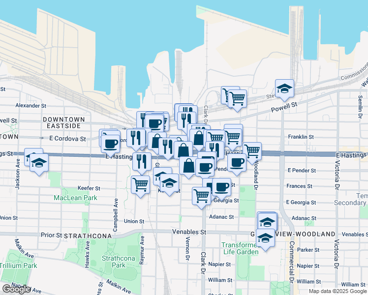 map of restaurants, bars, coffee shops, grocery stores, and more near 1205 East Hastings Street in Vancouver