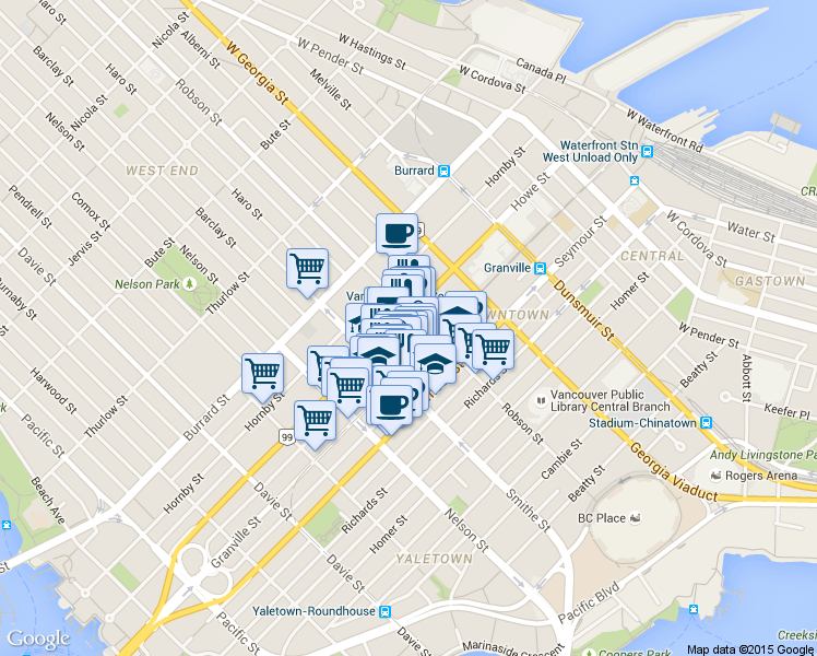 map of restaurants, bars, coffee shops, grocery stores, and more near 784 Robson Street in Vancouver