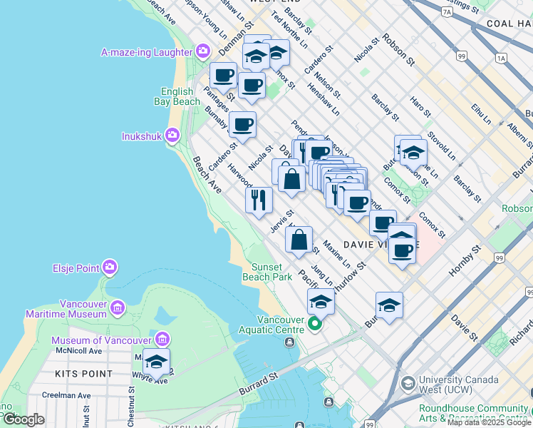 map of restaurants, bars, coffee shops, grocery stores, and more near in Vancouver