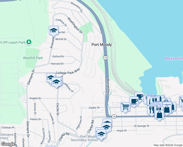 map of restaurants, bars, coffee shops, grocery stores, and more near 216 Cambridge Way in Port Moody