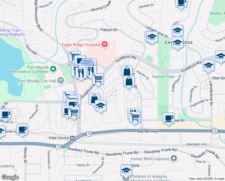 map of restaurants, bars, coffee shops, grocery stores, and more near 310 Highland Way in Port Moody