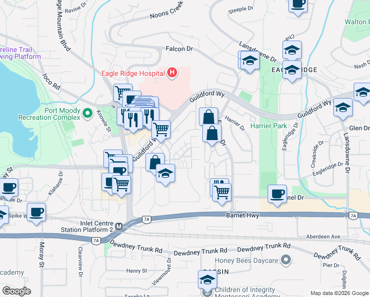 map of restaurants, bars, coffee shops, grocery stores, and more near in Port Moody