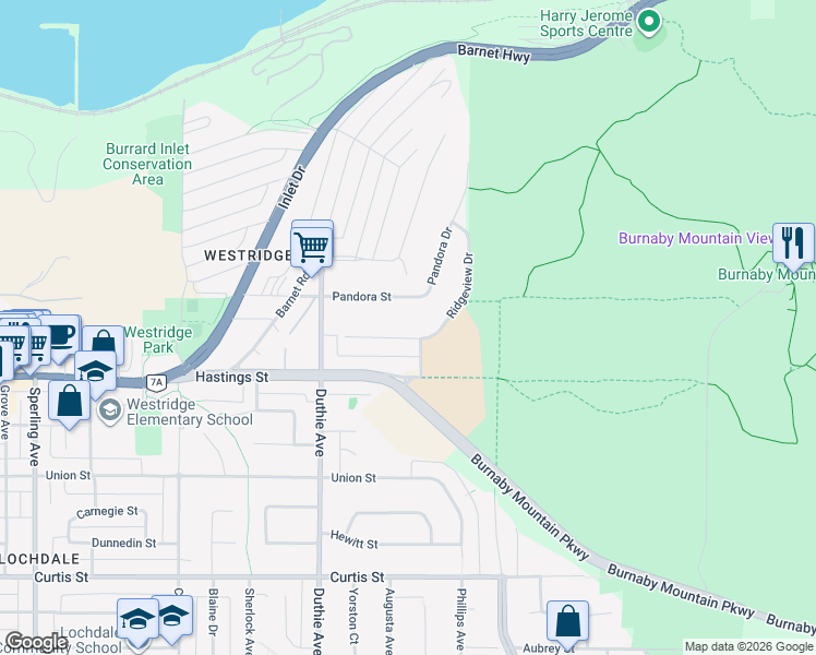 map of restaurants, bars, coffee shops, grocery stores, and more near 7161 Ridgeview Drive in Burnaby