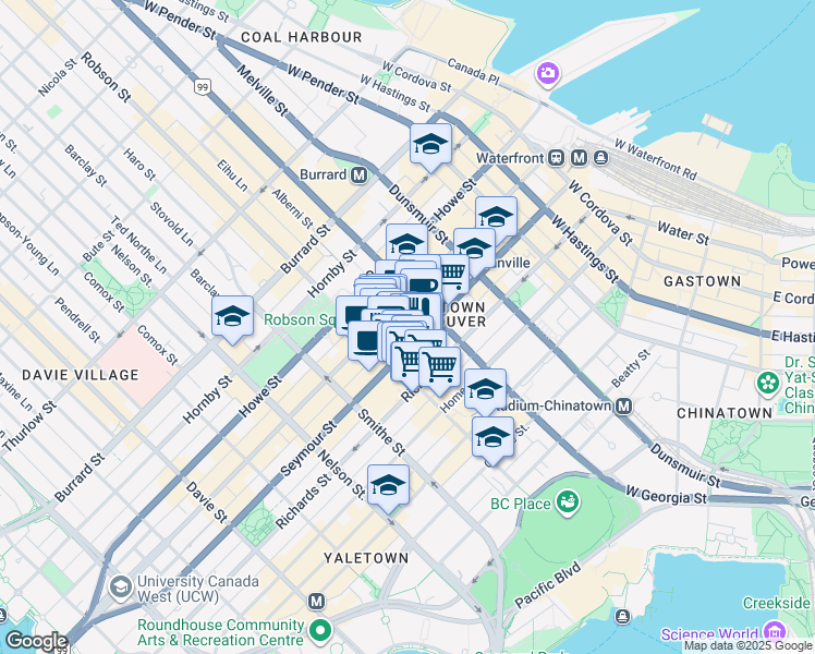 map of restaurants, bars, coffee shops, grocery stores, and more near in Vancouver