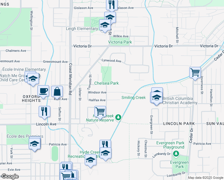 map of restaurants, bars, coffee shops, grocery stores, and more near 1261 Windsor Avenue in Port Coquitlam