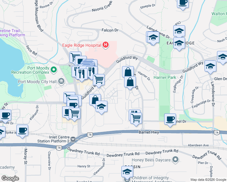 map of restaurants, bars, coffee shops, grocery stores, and more near 310 Highland Way in Port Moody
