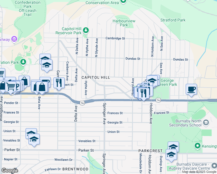 map of restaurants, bars, coffee shops, grocery stores, and more near 5250 Empire Drive in Burnaby
