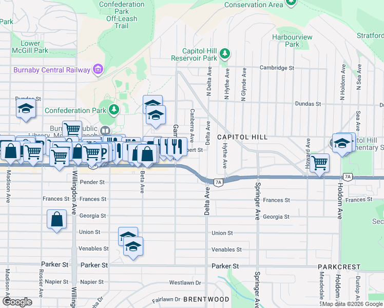 map of restaurants, bars, coffee shops, grocery stores, and more near 4838 Hastings Street in Burnaby