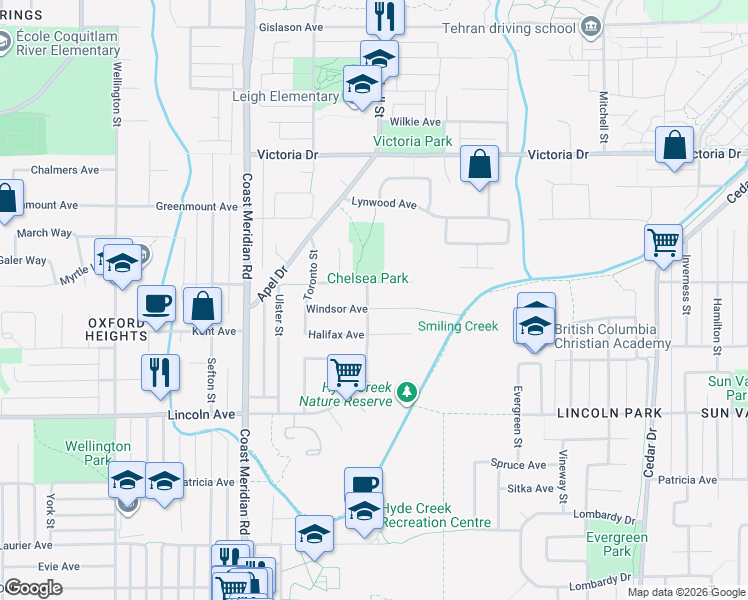 map of restaurants, bars, coffee shops, grocery stores, and more near 1238 Lincoln Drive in Port Coquitlam
