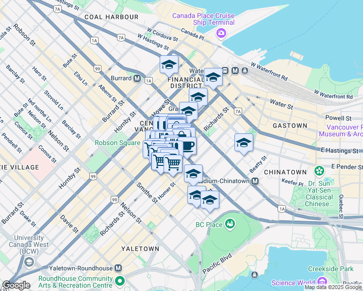 map of restaurants, bars, coffee shops, grocery stores, and more near 788 Richards Street in Vancouver
