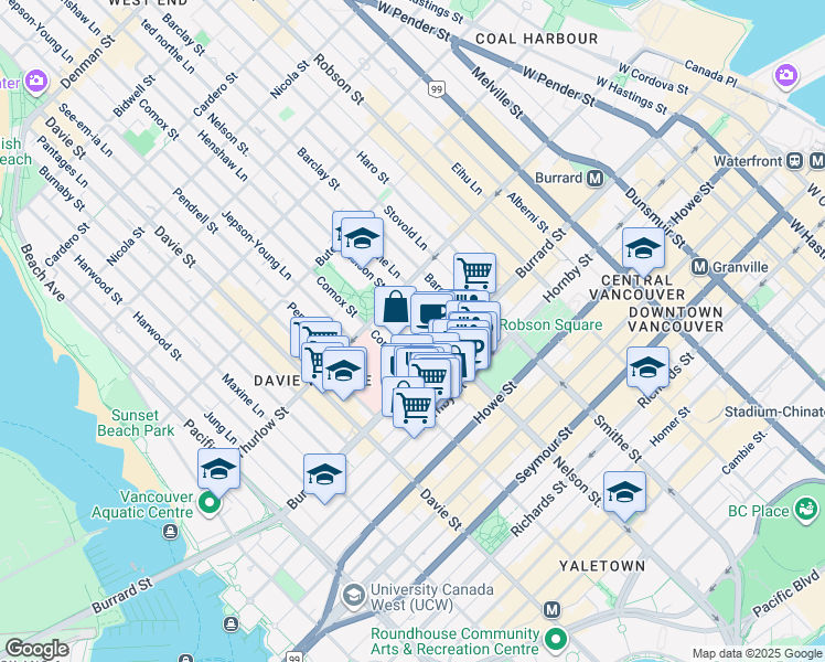 map of restaurants, bars, coffee shops, grocery stores, and more near 1040 Burrard Street in Vancouver