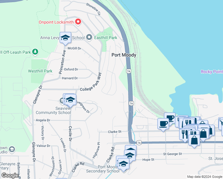 map of restaurants, bars, coffee shops, grocery stores, and more near 218 Cambridge Way in Port Moody