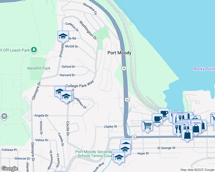 map of restaurants, bars, coffee shops, grocery stores, and more near 218 Cambridge Way in Port Moody