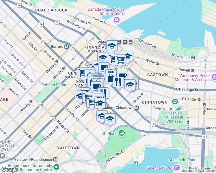 map of restaurants, bars, coffee shops, grocery stores, and more near 607 Homer Street in Vancouver