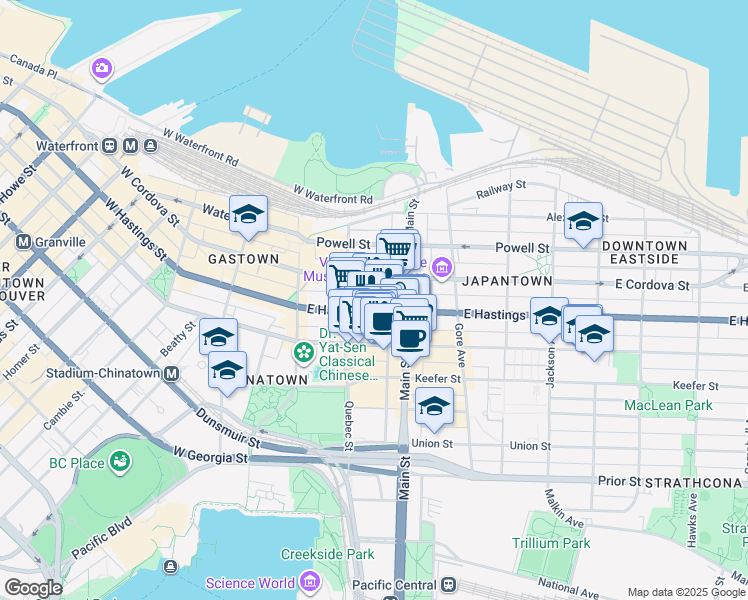 map of restaurants, bars, coffee shops, grocery stores, and more near in Vancouver