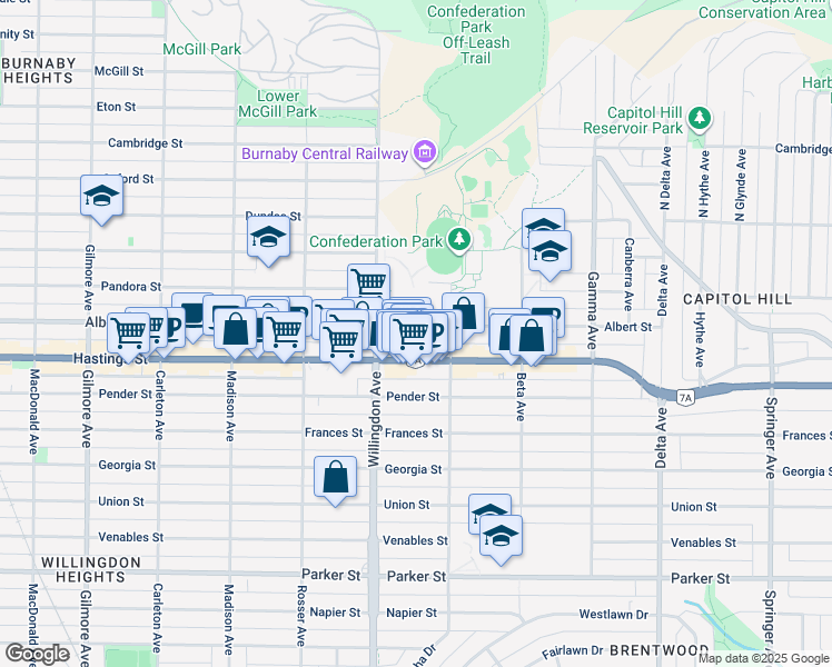 map of restaurants, bars, coffee shops, grocery stores, and more near 4544 Albert Street in Burnaby