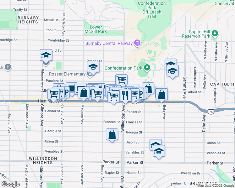 map of restaurants, bars, coffee shops, grocery stores, and more near 4458 Albert Street in Burnaby