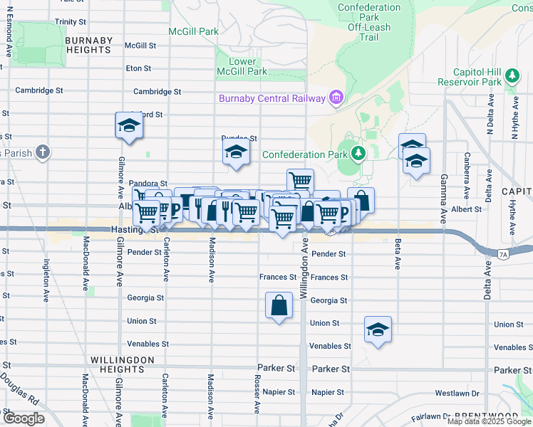 map of restaurants, bars, coffee shops, grocery stores, and more near 4412 Albert Street in Burnaby