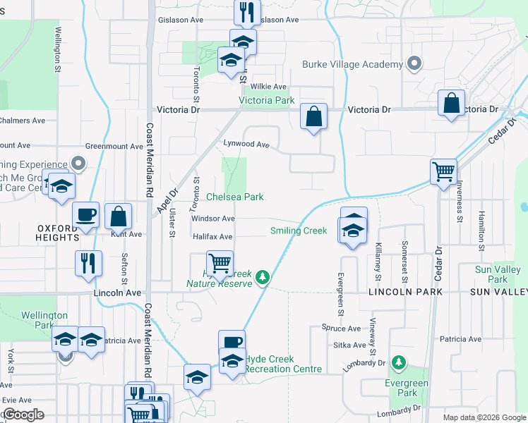 map of restaurants, bars, coffee shops, grocery stores, and more near 1225 Windsor Avenue in Port Coquitlam