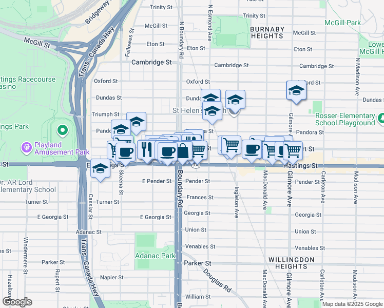 map of restaurants, bars, coffee shops, grocery stores, and more near 3728 British Columbia 7A in Burnaby