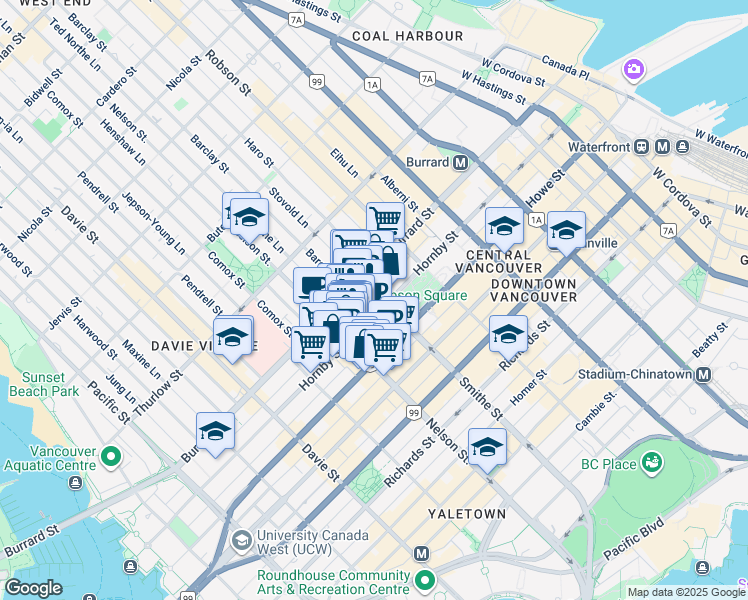 map of restaurants, bars, coffee shops, grocery stores, and more near 928 Nelson Street in Vancouver