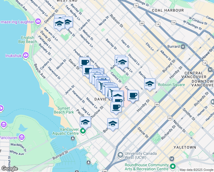 map of restaurants, bars, coffee shops, grocery stores, and more near in Vancouver