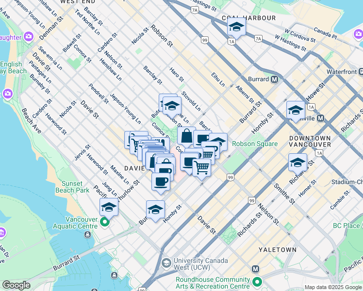 map of restaurants, bars, coffee shops, grocery stores, and more near 1075 Comox Street in Vancouver