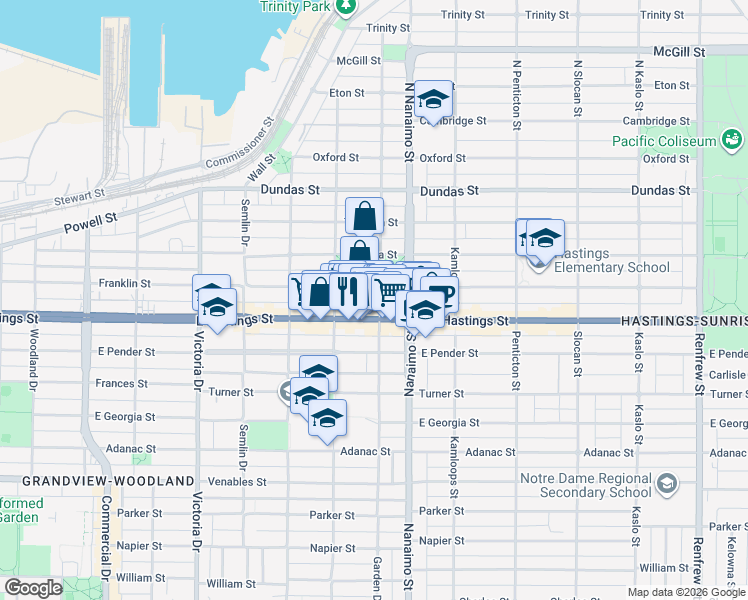 map of restaurants, bars, coffee shops, grocery stores, and more near 335 Garden Drive in Vancouver