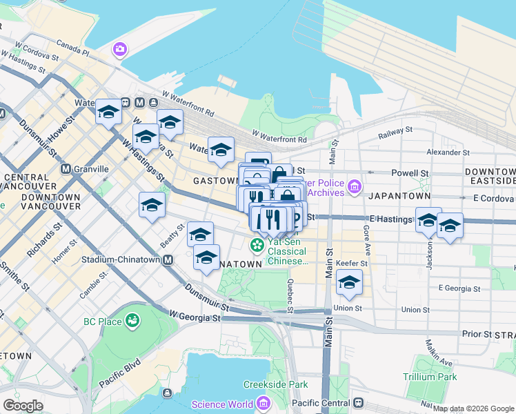 map of restaurants, bars, coffee shops, grocery stores, and more near 370 Carrall Street in Vancouver