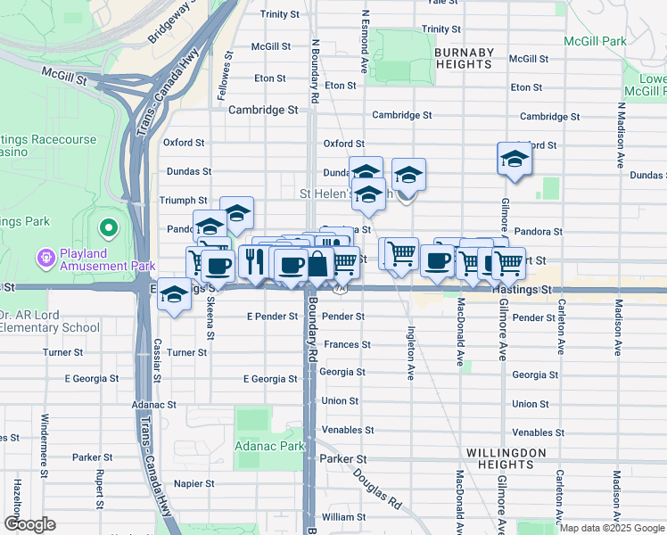 map of restaurants, bars, coffee shops, grocery stores, and more near 3740 Albert Street in Burnaby