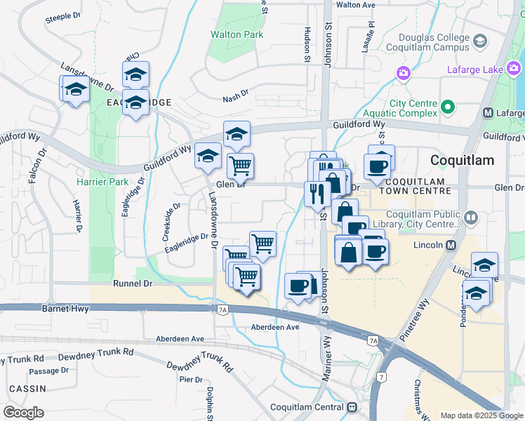 map of restaurants, bars, coffee shops, grocery stores, and more near Mccoomb Drive in Coquitlam