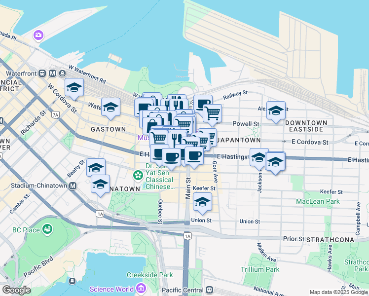 map of restaurants, bars, coffee shops, grocery stores, and more near in Vancouver