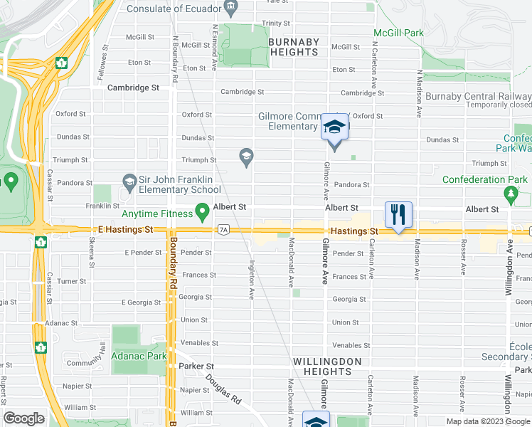 map of restaurants, bars, coffee shops, grocery stores, and more near 3938 Albert Street in Burnaby