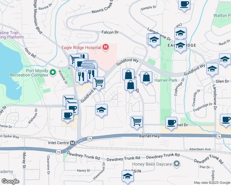 map of restaurants, bars, coffee shops, grocery stores, and more near 314 Highland Way in Port Moody