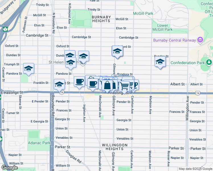 map of restaurants, bars, coffee shops, grocery stores, and more near 4018 Albert Street in Burnaby