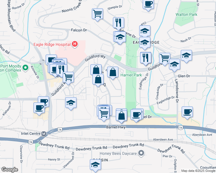 map of restaurants, bars, coffee shops, grocery stores, and more near 1163 Falcon Drive in Coquitlam