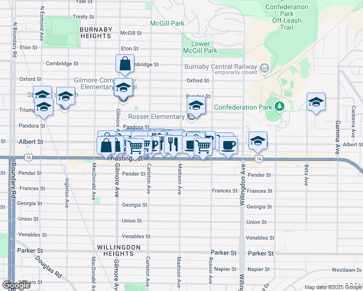 map of restaurants, bars, coffee shops, grocery stores, and more near 306 Madison Avenue in Burnaby