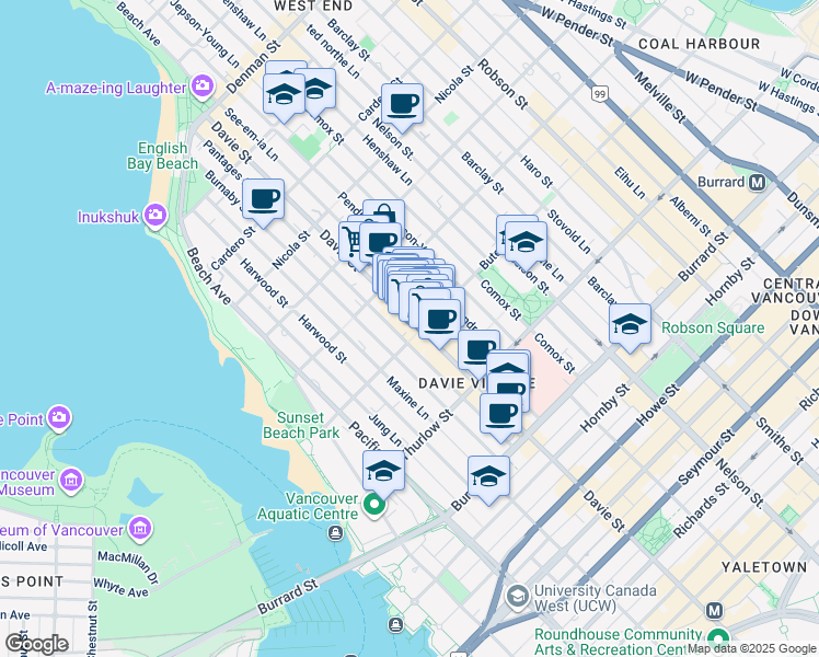 map of restaurants, bars, coffee shops, grocery stores, and more near 1206 Davie Street in Vancouver