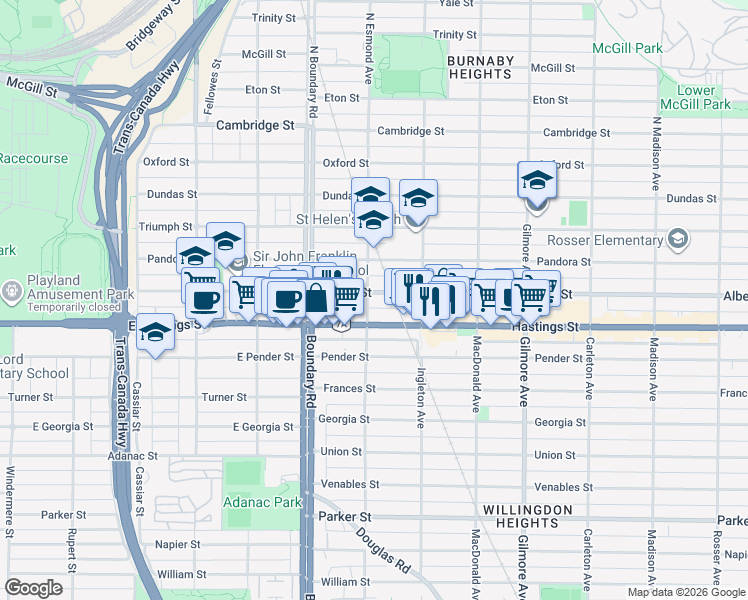 map of restaurants, bars, coffee shops, grocery stores, and more near in Burnaby