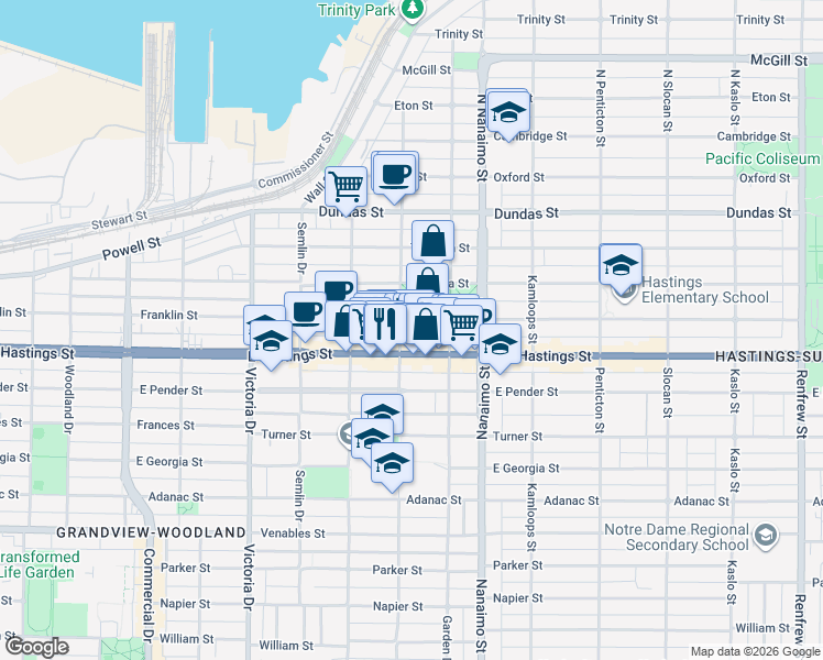map of restaurants, bars, coffee shops, grocery stores, and more near in Vancouver