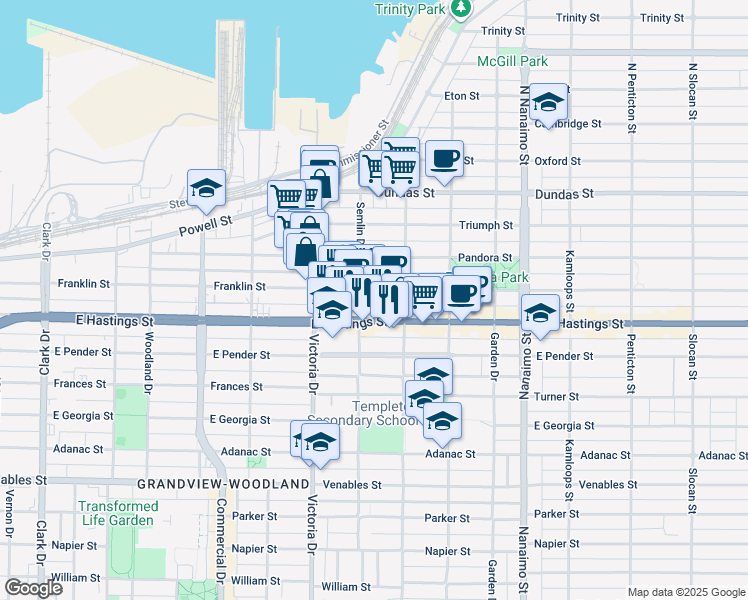 map of restaurants, bars, coffee shops, grocery stores, and more near in Vancouver