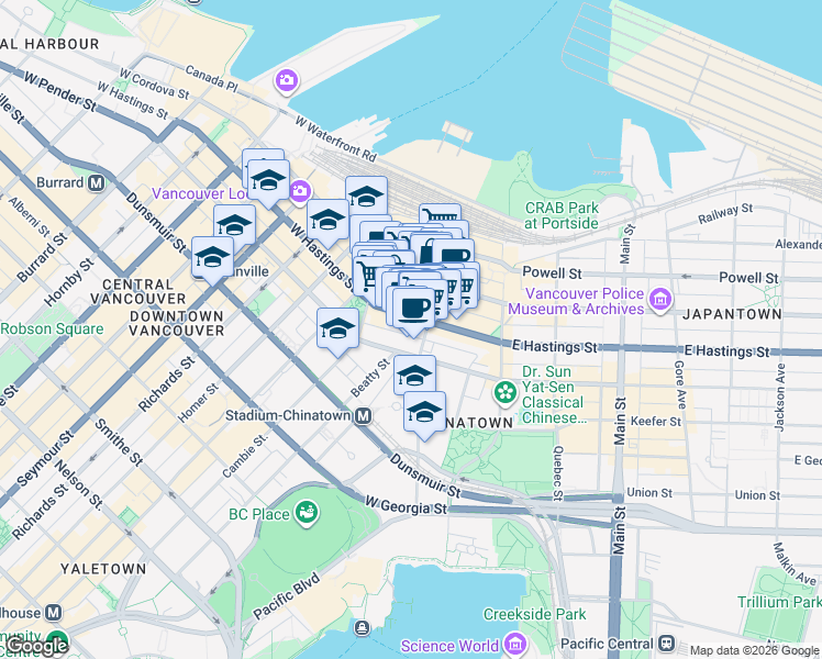 map of restaurants, bars, coffee shops, grocery stores, and more near in Vancouver