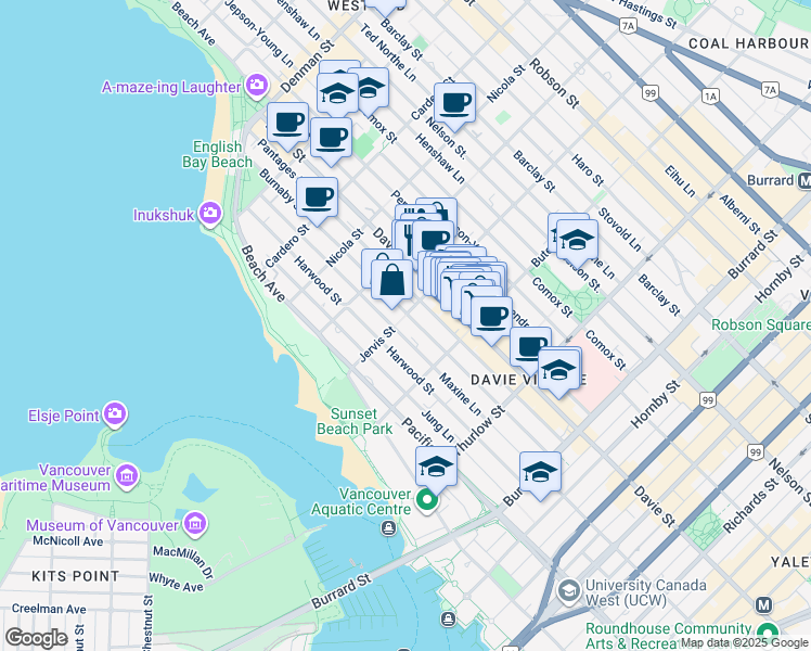 map of restaurants, bars, coffee shops, grocery stores, and more near 1290 Burnaby Street in Vancouver