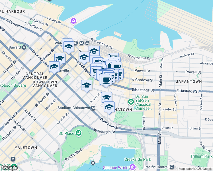 map of restaurants, bars, coffee shops, grocery stores, and more near in Vancouver