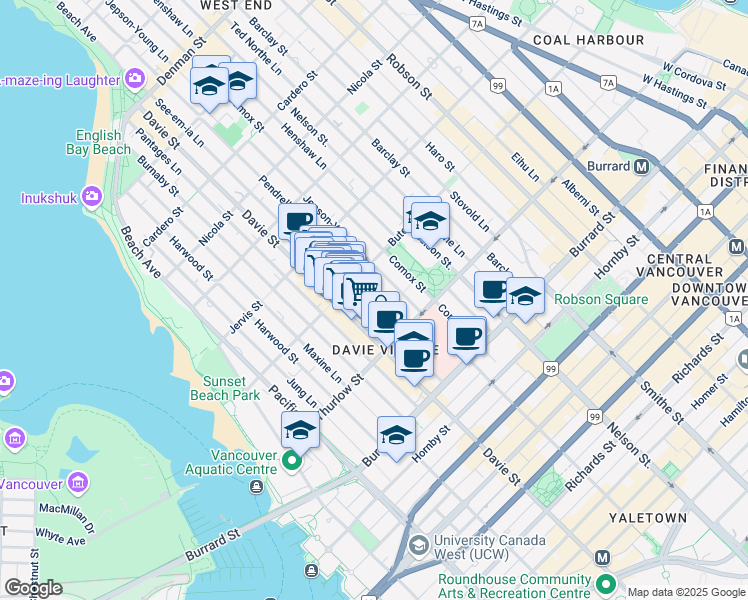 map of restaurants, bars, coffee shops, grocery stores, and more near 1160 Pendrell Street in Vancouver
