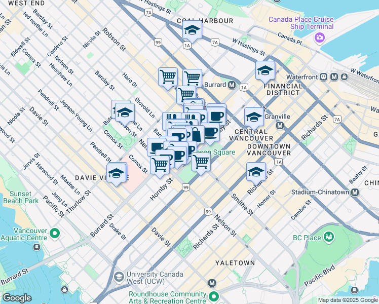map of restaurants, bars, coffee shops, grocery stores, and more near 938 Smithe Street in Vancouver