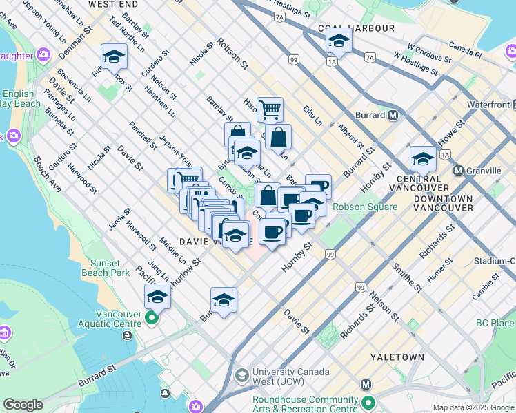 map of restaurants, bars, coffee shops, grocery stores, and more near 1075 Comox Street in Vancouver
